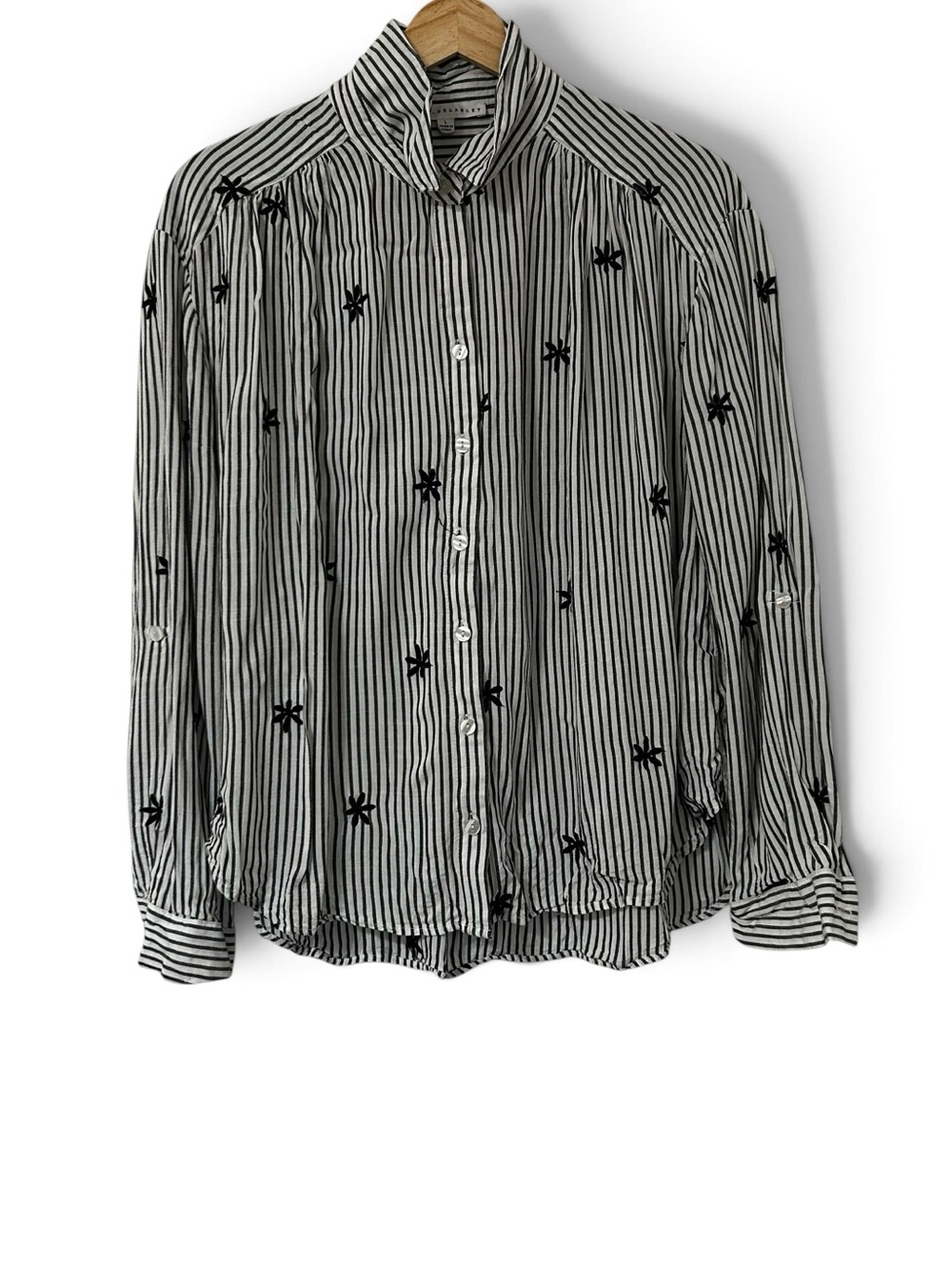 Jane & Delancey Striped Floral Blouse Button Front Size Large Gray Black